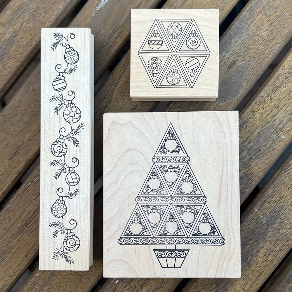 Outlines Rubber Stamp Set of 3 Christmas Tree Ornaments Wooden Stamps Holiday